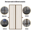 Magnetic screen door with illustrations of its use in living room, bedroom, bathroom, and kitchen.