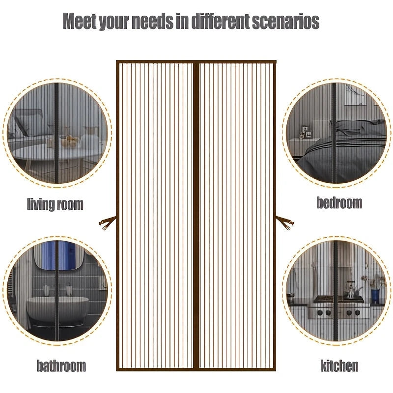 Magnetic screen door with illustrations of its use in living room, bedroom, bathroom, and kitchen.