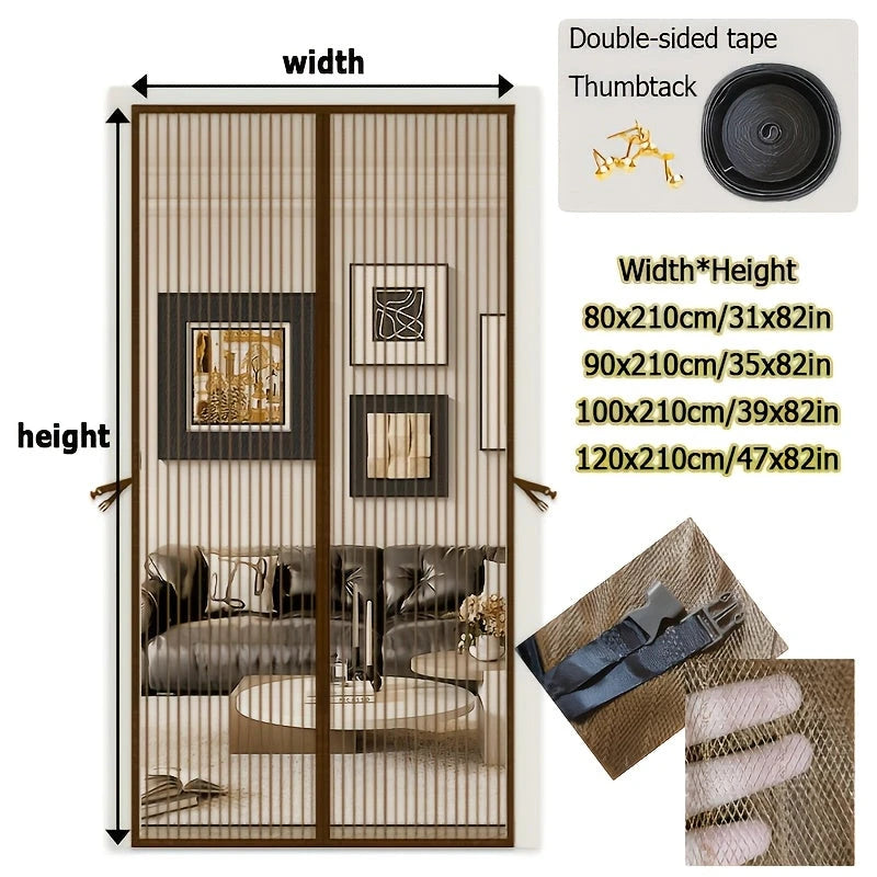 Screen door with dimensions and accessories on a white background