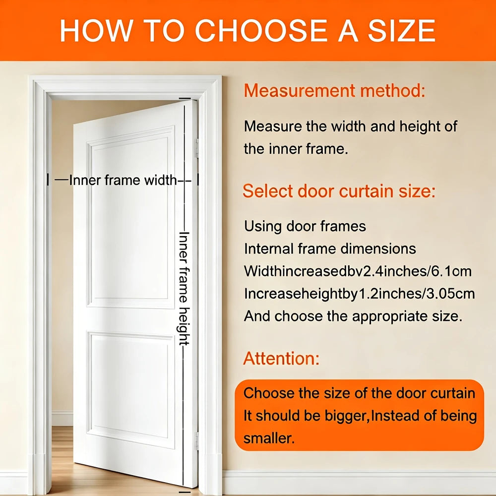Instructional graphic titled 'HOW TO CHOOSE A SIZE' showing a white interior door with labeled dimensions for inner frame width and inner frame height, plus text instructions on how to measure and select door curtain size.