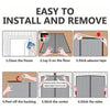 Instructional graphic showing six steps for easy installation and removal of a screen door panel, with illustrated hands, arrows, and text such as 'Clean the frame,' 'Lay it on the floor,' 'Stick adhesive tape,' 'Peel off the backing,' 'Stick the center,' and 'Stick the sides.
