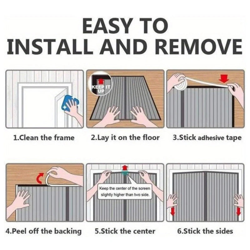 Instructional graphic showing six steps for easy installation and removal of a screen door panel, with illustrated hands, arrows, and text such as 'Clean the frame,' 'Lay it on the floor,' 'Stick adhesive tape,' 'Peel off the backing,' 'Stick the center,' and 'Stick the sides.