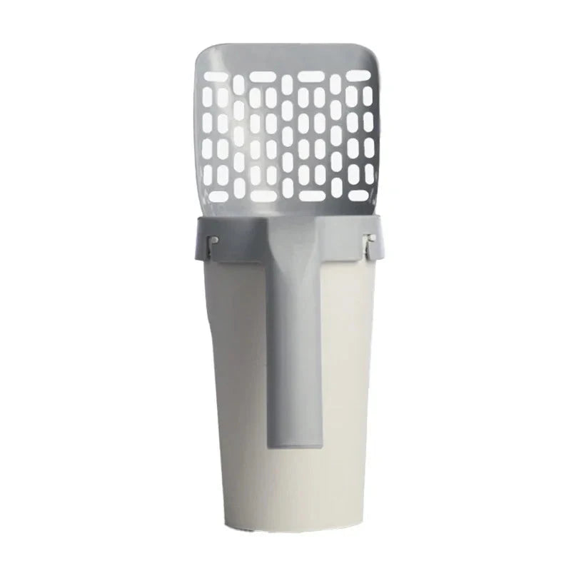 Gray and white pet litter scoop on a white background