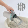 Cat litter scoop being used with a close-up of the blade's design on a light background.