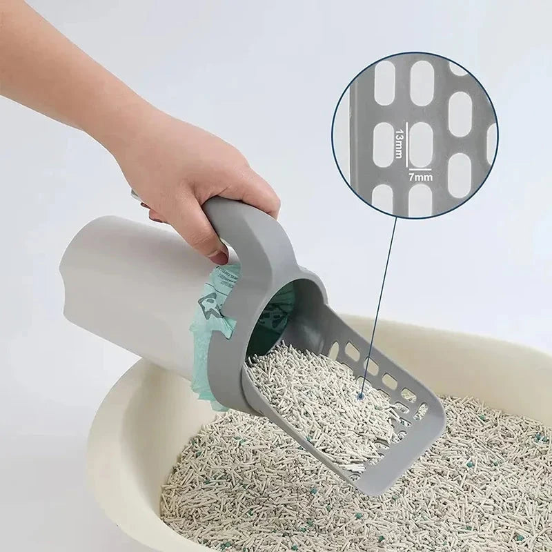 Cat litter scoop being used with a close-up of the blade's design on a light background.