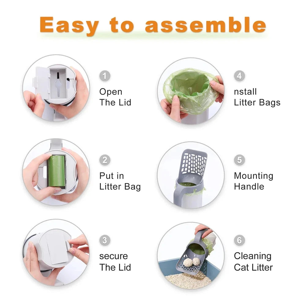 Step-by-step guide on how to assemble a cat litter box with text 'Easy to assemble'