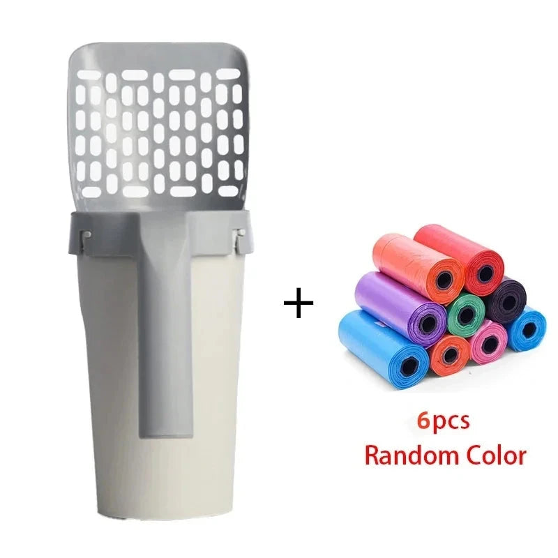 Gray pet scoop with a stack of colorful plastic bags on a white background