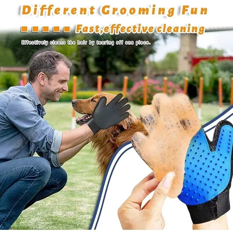 Person grooming a dog with a grooming glove, outdoors.