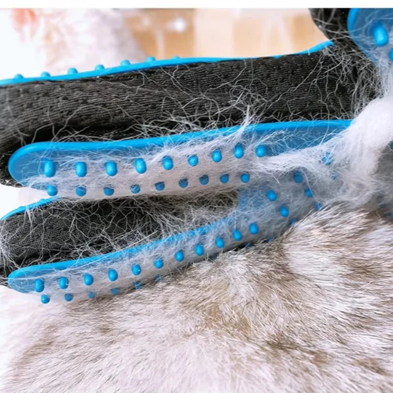 Pet grooming brush with blue bristles removing fur from a pet's coat.