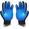 A pair of pet grooming gloves with bright blue silicone scrubbing pads on the palms and black fabric backs, shown against a plain white background.