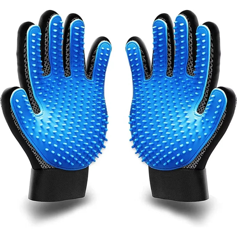 A pair of pet grooming gloves with bright blue silicone scrubbing pads on the palms and black fabric backs, shown against a plain white background.