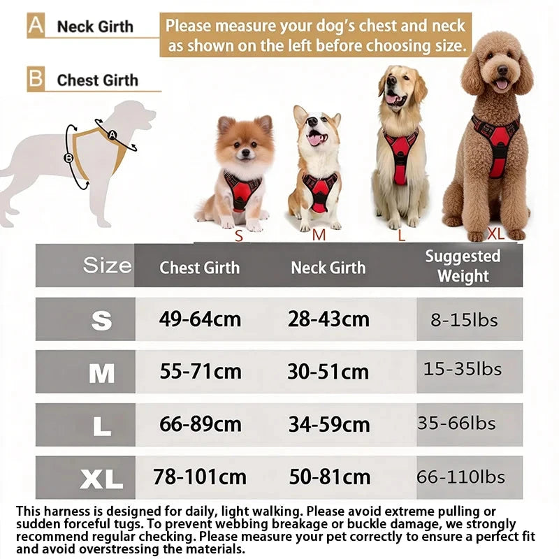 A size guide chart for a dog harness, showing neck girth and chest girth measurements for sizes S, M, L, and XL, with photos of four different dog breeds wearing the harnesses. Includes text instructions and weight recommendations.