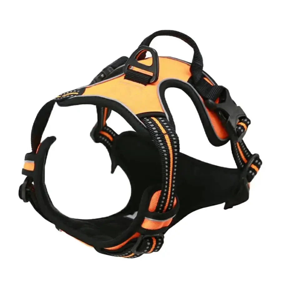 Orange and black dog harness on a white background