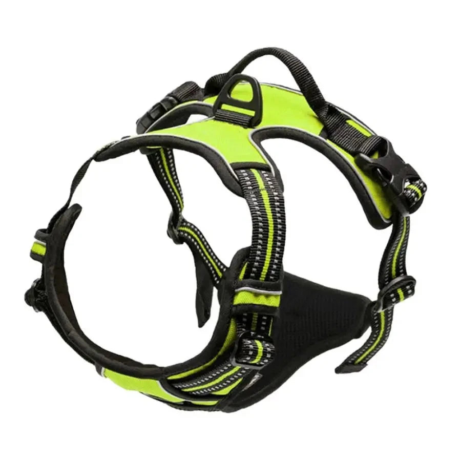 Dog harness with green and black straps on a white background