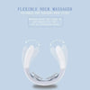 A flexible neck massager shown on a light blue background with descriptive text and arrows indicating its adjustable curved design.