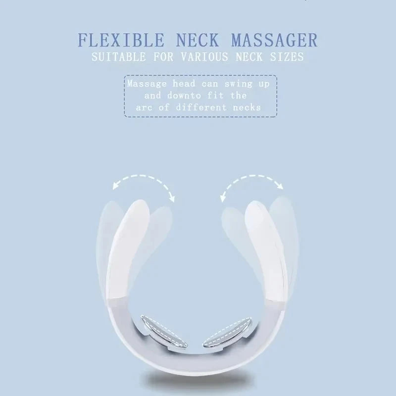A flexible neck massager shown on a light blue background with descriptive text and arrows indicating its adjustable curved design.