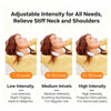 Promotional graphic for an adjustable neck and shoulder support device, showing three panels of a woman wearing the white collar at different intensity levels labeled 1-5 Levels, 6-10 Levels, and 11-16 Levels, with text describing low, medium, and high intensity effects.