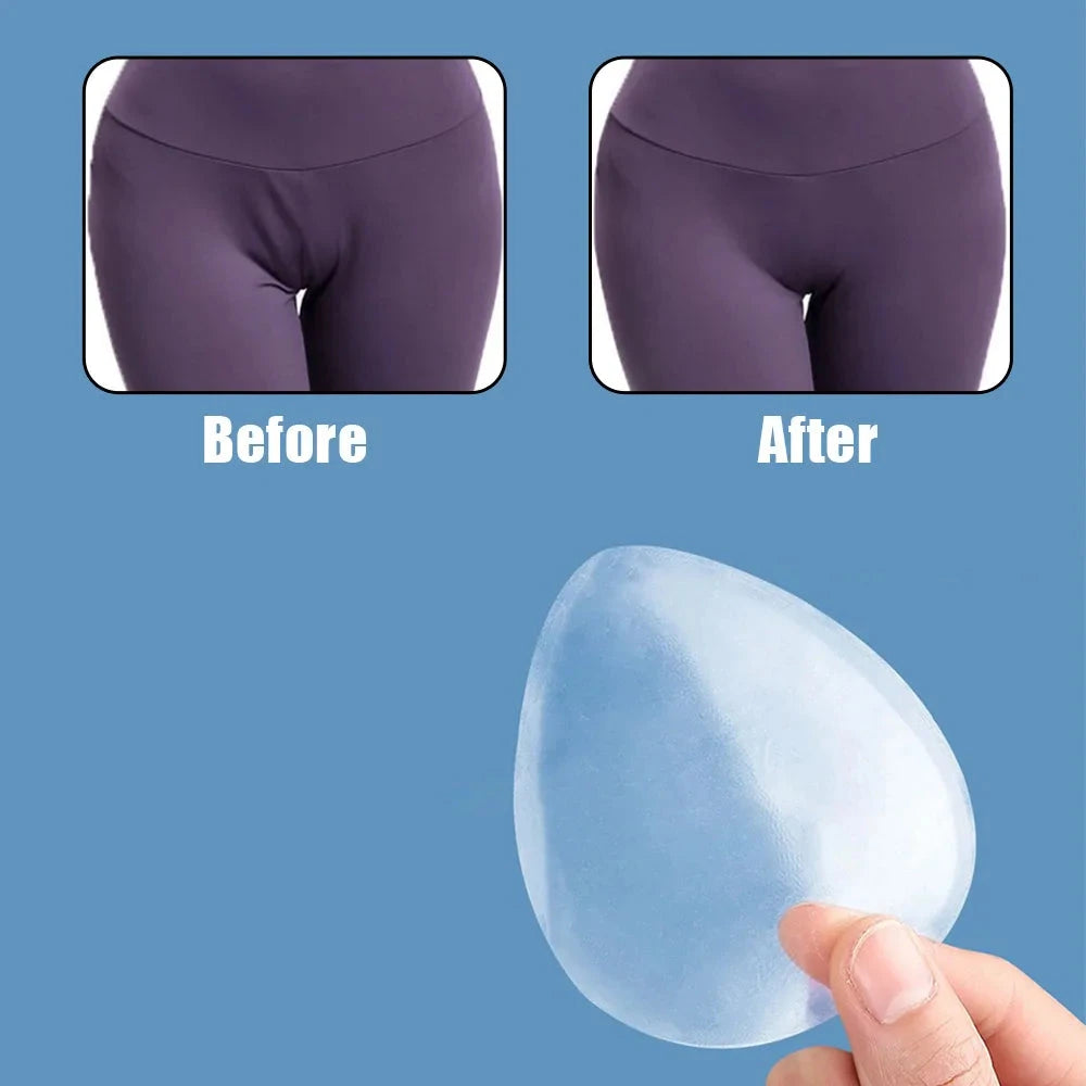 A hand holds a translucent blue teardrop-shaped gel pad against a blue background, with two inset photos above showing a model's lower torso in purple leggings labeled 'Before' and 'After'.