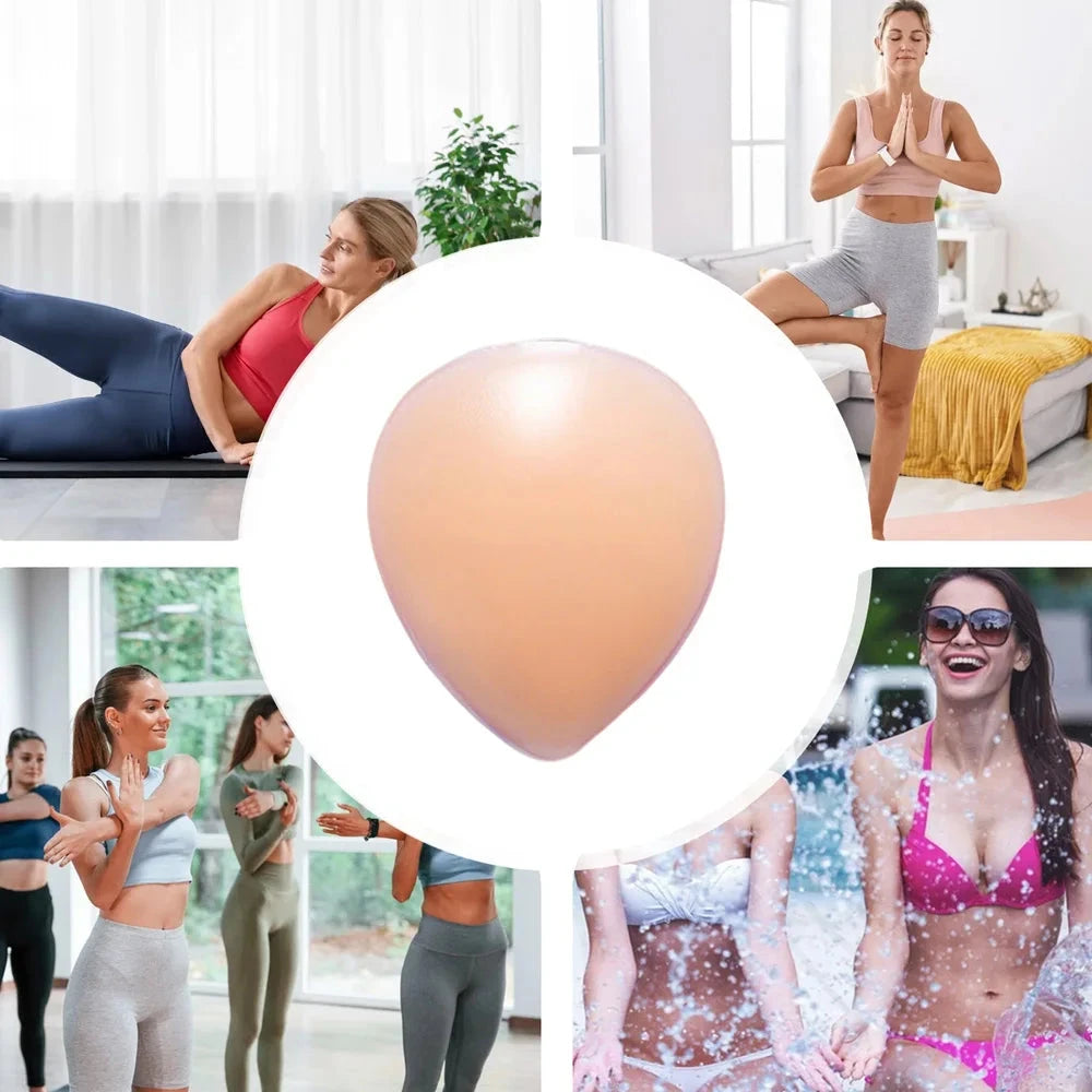 Collage of women exercising and a close-up of a beige bralette.