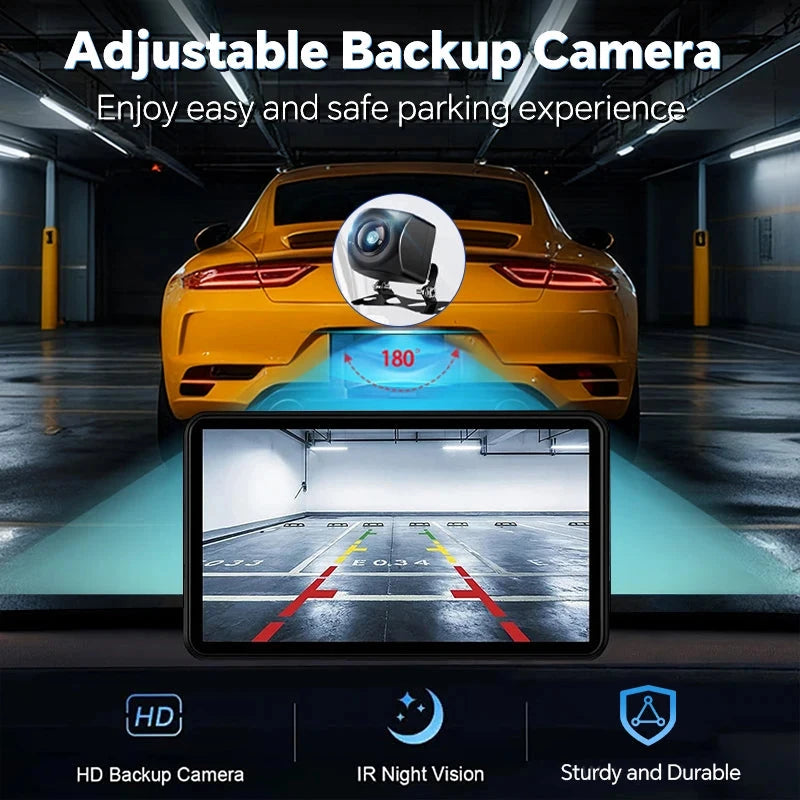 Adjustable backup camera product graphic showing a rear view of an orange car in a parking garage with a circular camera inset and a phone screen preview below. Text reads 'Adjustable Backup Camera' and 'Enjoy easy and safe parking experience,' with feature icons for HD, IR night vision, and sturdy and durable.