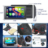 A composite product listing graphic for a black car stereo touchscreen head unit with mounting instructions and port labels. The top panel shows the front and side views with dimensions, and the bottom panel contains five numbered photos demonstrating installation steps including suction mount, TF card slot, AV IN, Type-C power port, and reverse trigger wiring.