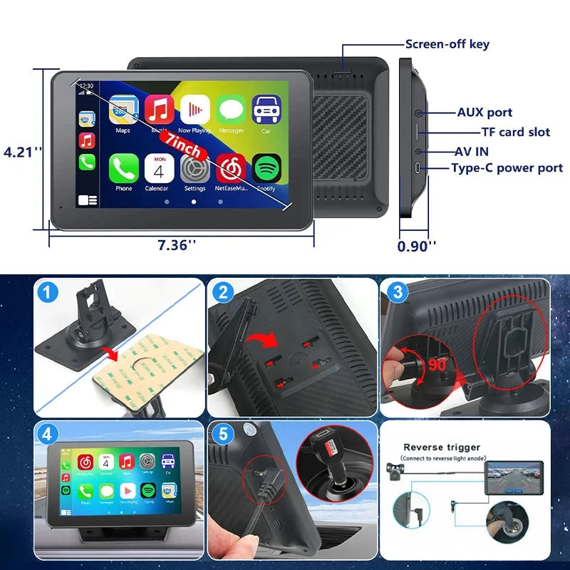 A composite product listing graphic for a black car stereo touchscreen head unit with mounting instructions and port labels. The top panel shows the front and side views with dimensions, and the bottom panel contains five numbered photos demonstrating installation steps including suction mount, TF card slot, AV IN, Type-C power port, and reverse trigger wiring.