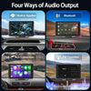 A promotional infographic titled 'Four Ways of Audio Output' showing four panels: Built-in Speaker, Bluetooth, Aux Connection, and FM Transmitter, each demonstrating the car stereo screen output in different scenarios.