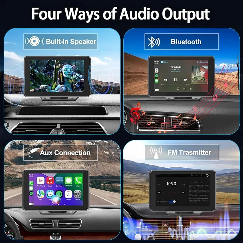 A promotional infographic titled 'Four Ways of Audio Output' showing four panels: Built-in Speaker, Bluetooth, Aux Connection, and FM Transmitter, each demonstrating the car stereo screen output in different scenarios.