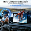 A car dashboard scene showing a tablet mounted on the console and a hand holding a matching smartphone in front of it, with marketing text at the top about mirror link for iOS and Android, wireless connection, and up to 1080P full HD.