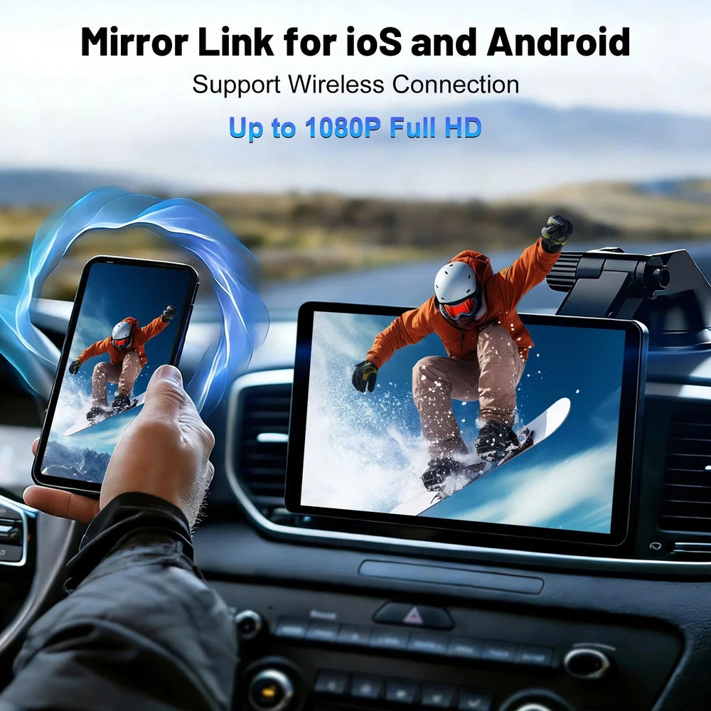 A car dashboard scene showing a tablet mounted on the console and a hand holding a matching smartphone in front of it, with marketing text at the top about mirror link for iOS and Android, wireless connection, and up to 1080P full HD.