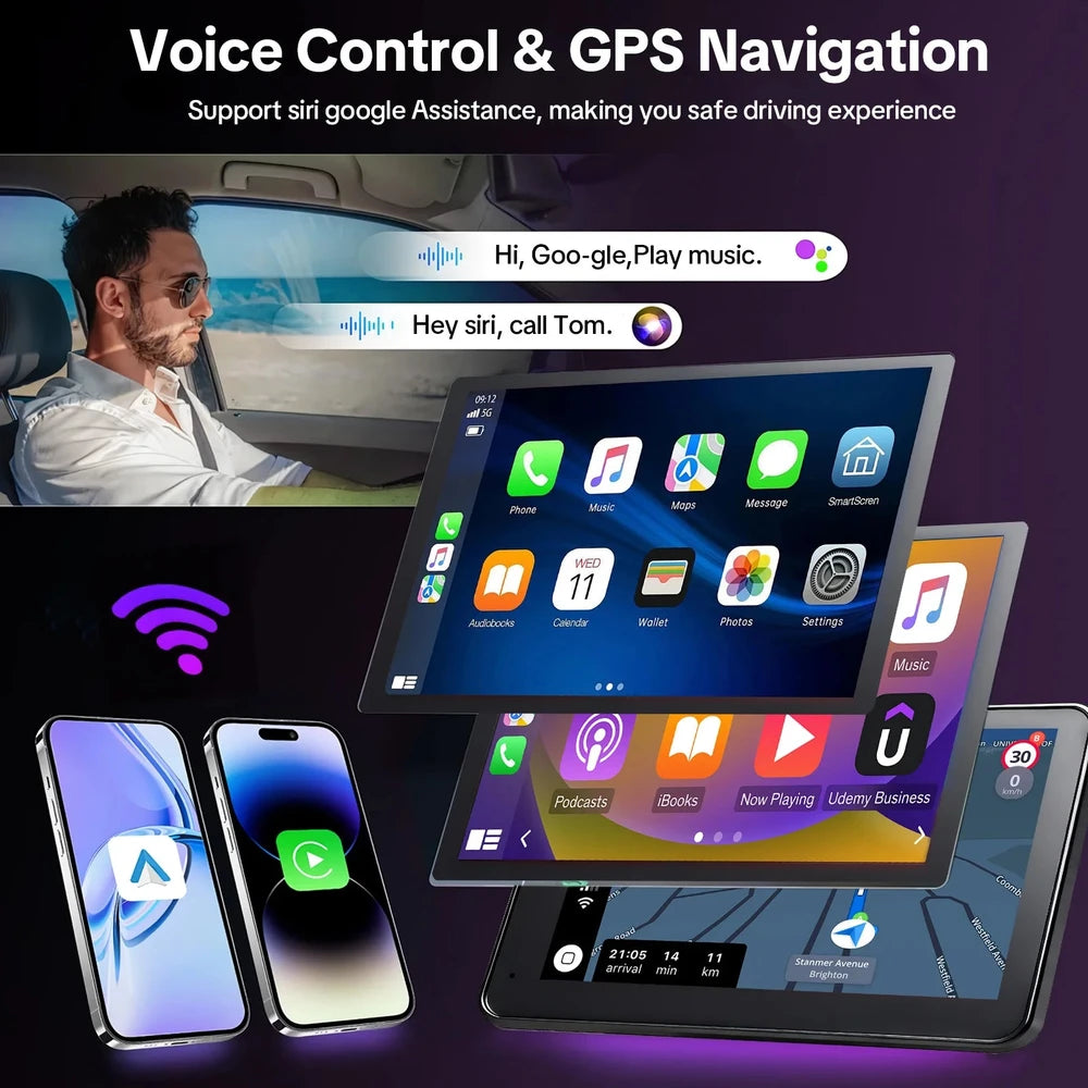 Car stereo touchscreen display system with voice control and GPS navigation, shown with a large tablet screen, two smartphones, and a driver in a car interior. Text highlights Siri and Google Assistant support.