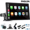 Black PASLDA car stereo head unit with a 10-inch touchscreen display showing app icons, mounted on a suction cup with additional accessories including a rear camera, bracket, power cables, and a user manual below on a white background.