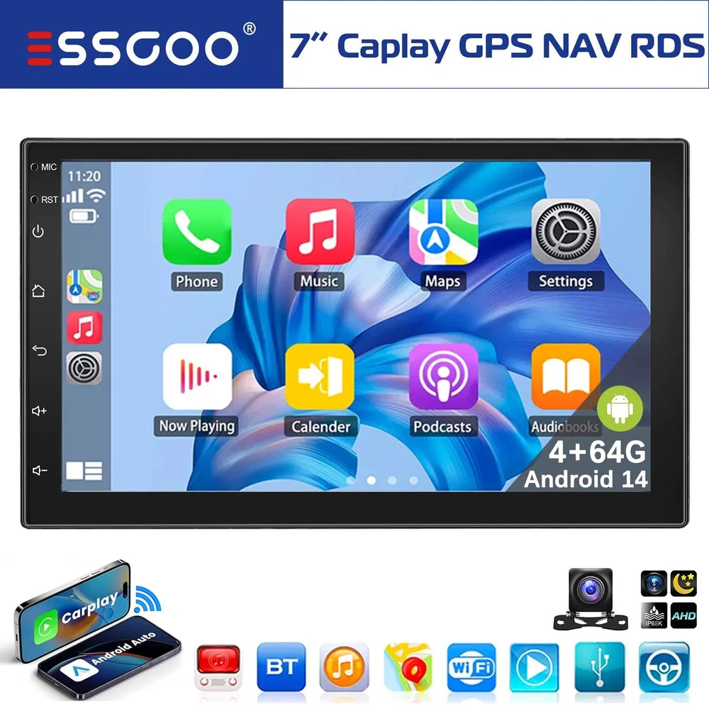 7-inch Caplay GPS NAV RDS with Android 14 interface on a white background, featuring the ESSGOO brand.