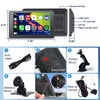 Car stereo display kit with a 7-inch touchscreen monitor, suction mount, adhesive mount, AUX cable, power cable, and backup camera, shown with labeled dimensions and installation steps on a white background.