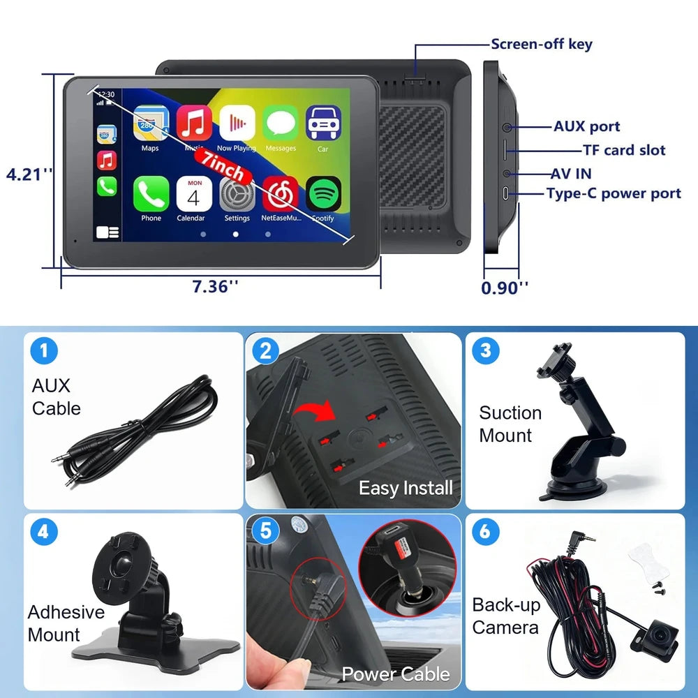 Car stereo display kit with a 7-inch touchscreen monitor, suction mount, adhesive mount, AUX cable, power cable, and backup camera, shown with labeled dimensions and installation steps on a white background.