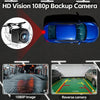 Promotional graphic for an HD backup camera, showing a black camera inset, a blue car top view with a red laser beam, a 1080P night street scene image, and a reverse camera view in a parking garage.