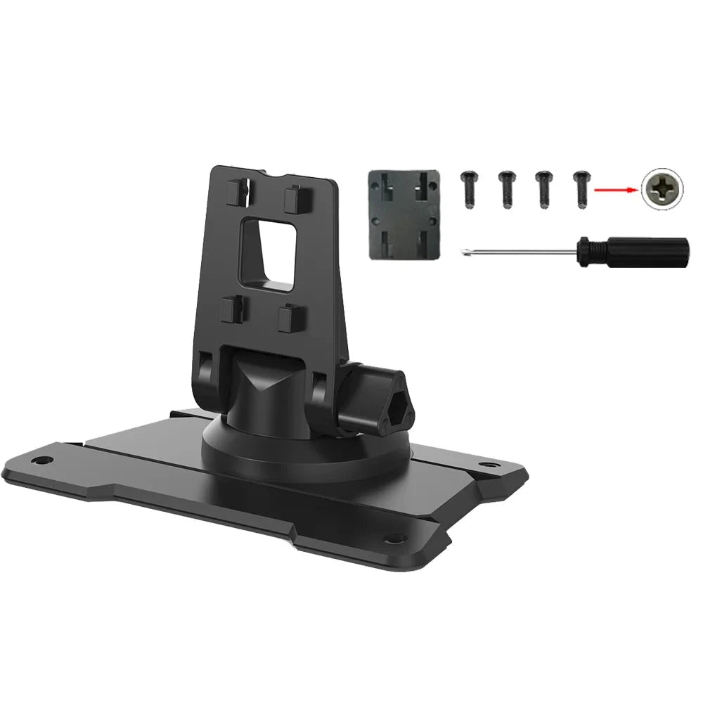 Black plastic mounting bracket with a quick-release hook and included mounting hardware (two screws, a flat piece, and a screwdriver) on a white background.