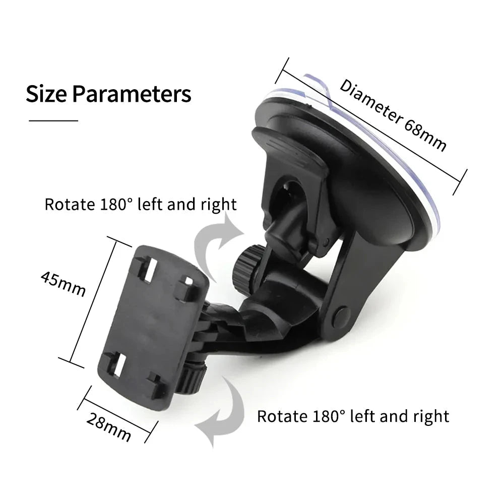 Car mount with size parameters and rotation directions on a white background