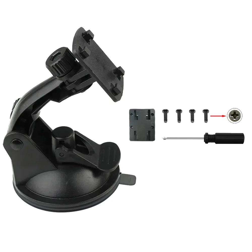 Black suction cup windshield mount with included mounting bracket, screws, and a screwdriver on a white background.