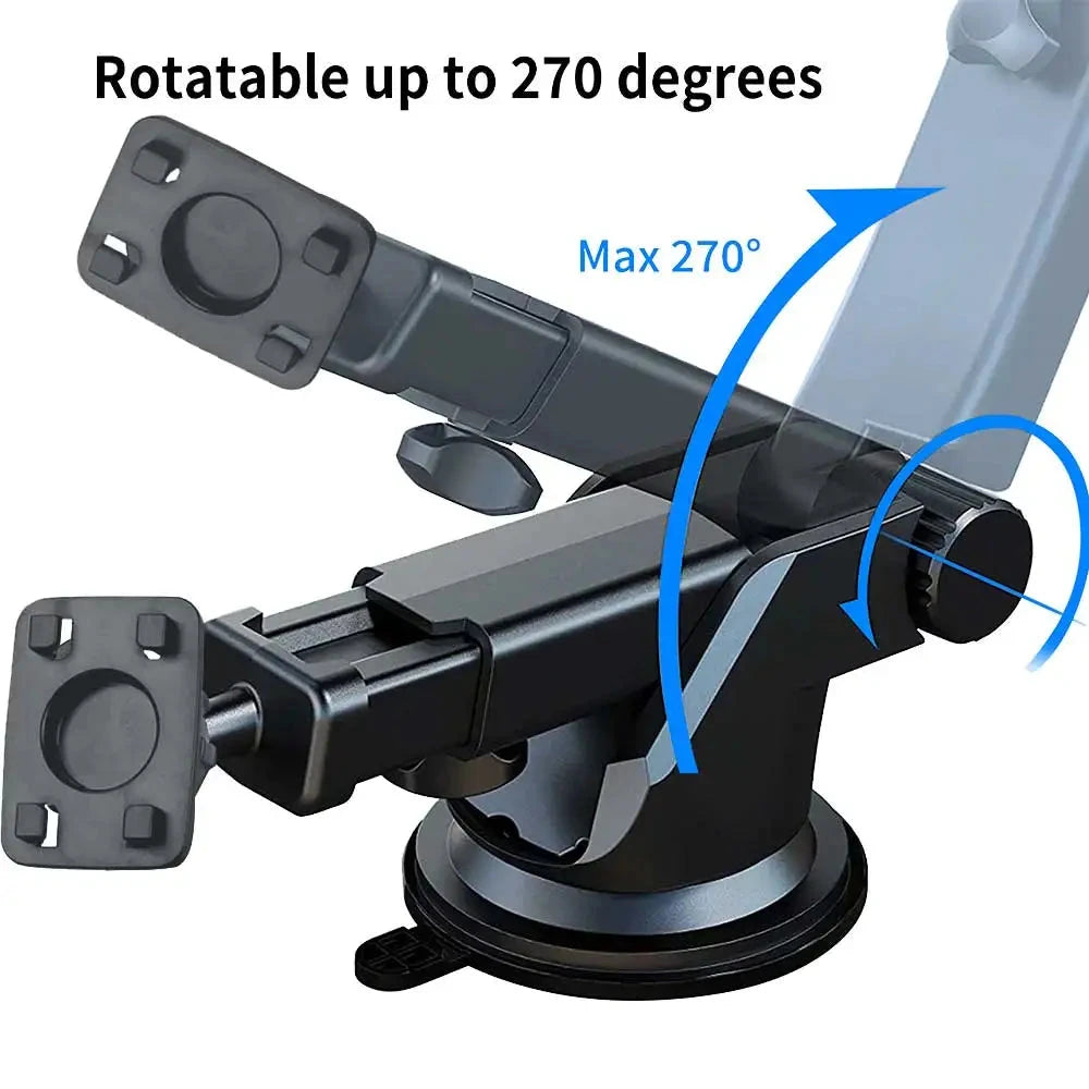 Black car mount with a max rotation of 270 degrees on a white background