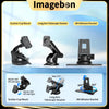 An infographic showing three black phone mount accessories labeled 'Suction Cup Mount,' 'Long Arm Telescopic Bracket,' and '3M Adhesive Bracket,' with rotation and angle callouts on a blue gradient background and the Imagebon brand at the top.