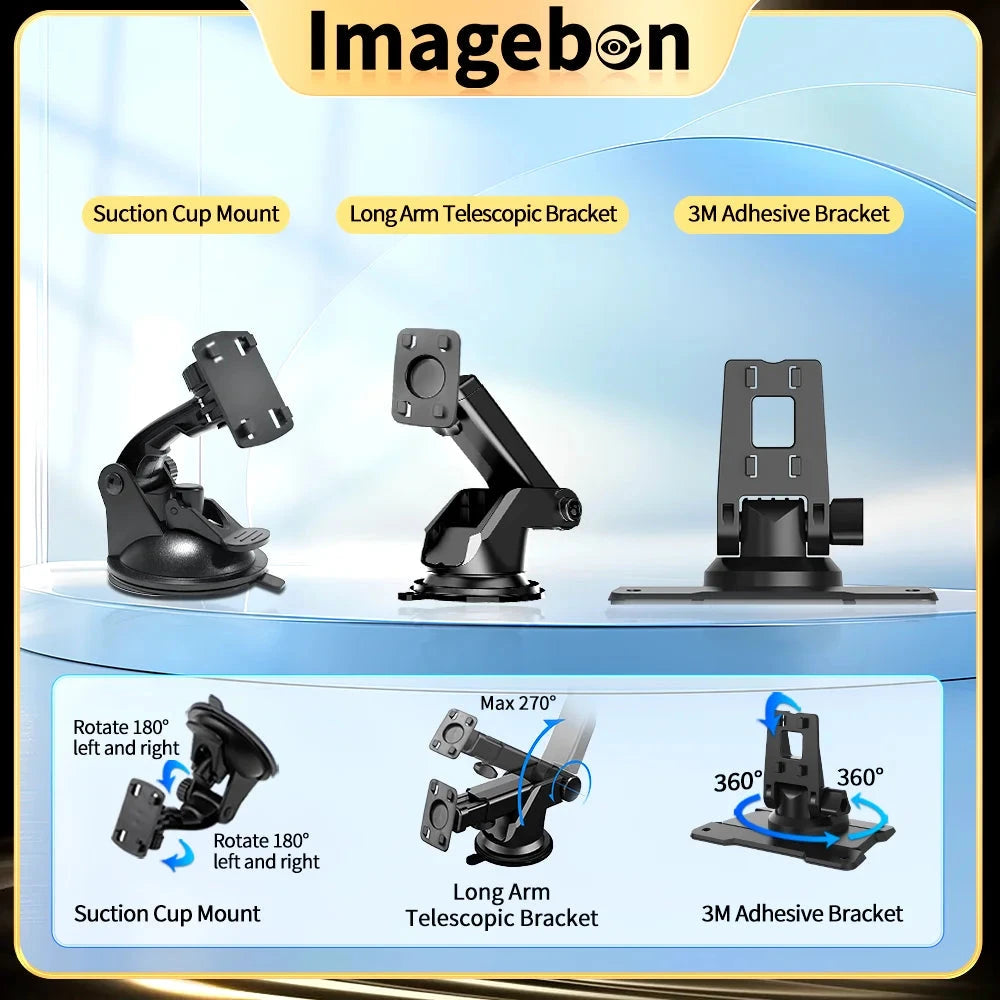 An infographic showing three black phone mount accessories labeled 'Suction Cup Mount,' 'Long Arm Telescopic Bracket,' and '3M Adhesive Bracket,' with rotation and angle callouts on a blue gradient background and the Imagebon brand at the top.