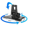 Black car mount with 360-degree rotation feature on a white background