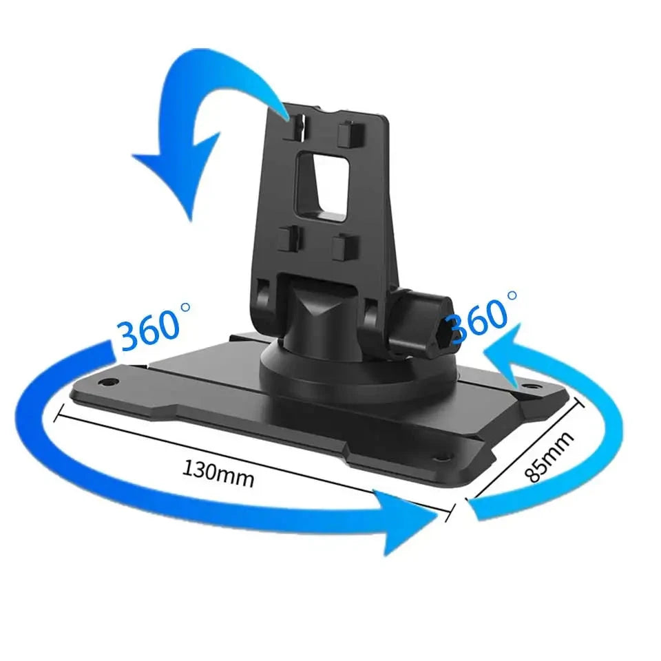 Black car mount with 360-degree rotation feature on a white background