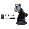 Black suction cup mount with a quick-release ball joint and included mounting plate, screws, and a screwdriver on a white background.