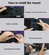 Instructional collage showing how to install a camera mount, with six panels labeled in English: rotate and unscrew screws, align screwholes, install secure them, combine with bracket, and a final mounted view. Hands are visible in the photos, and the background is a light gray grid.
