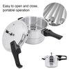 Stainless steel pressure cooker with open lid on a white background