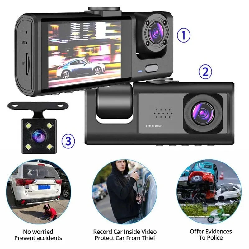Car dashboard camera with multiple lenses and features highlighted on a white background