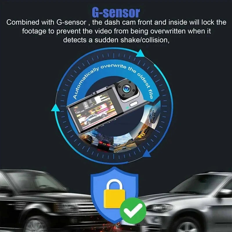 Car dashboard camera with G-sensor feature illustration on a dark background
