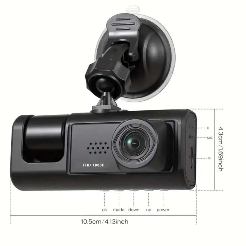 Car dashboard camera with suction cup and dimensions on a white background